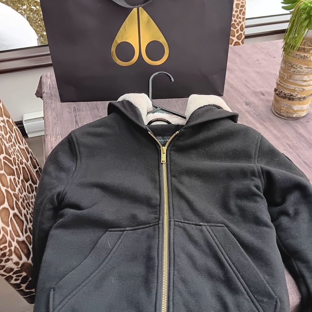 Moose Knuckles Black Kids Hoodie with Gold Zipper
